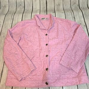 Vintage Chicos Design pink Jean Jacket  Button Front Embelished Sz 2 Pink
